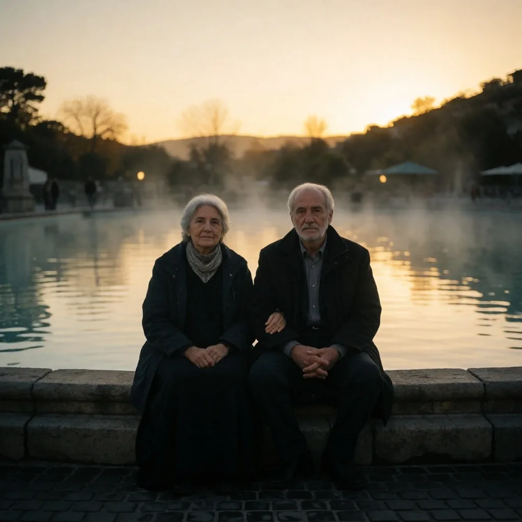 Pareja de jubilados disfrutando de un complejo termal al atardecer