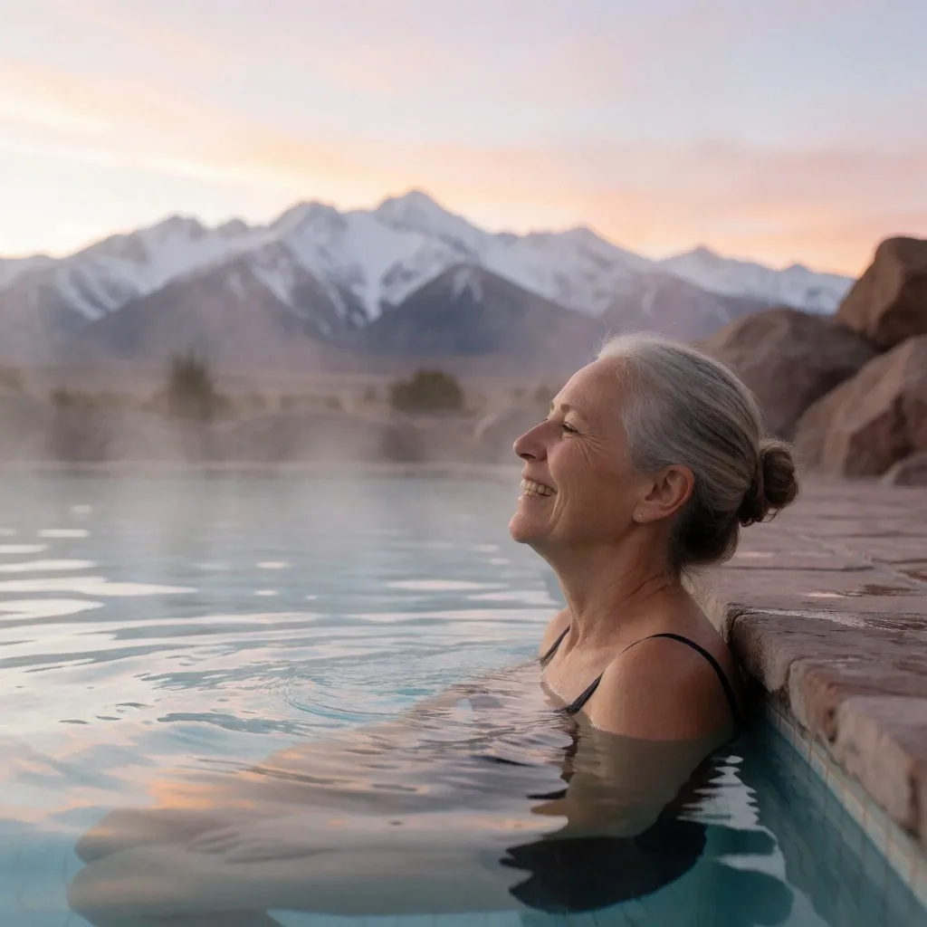Mujer jubilada disfrutando de la tranquilidad junto a una piscina termal al atardecer