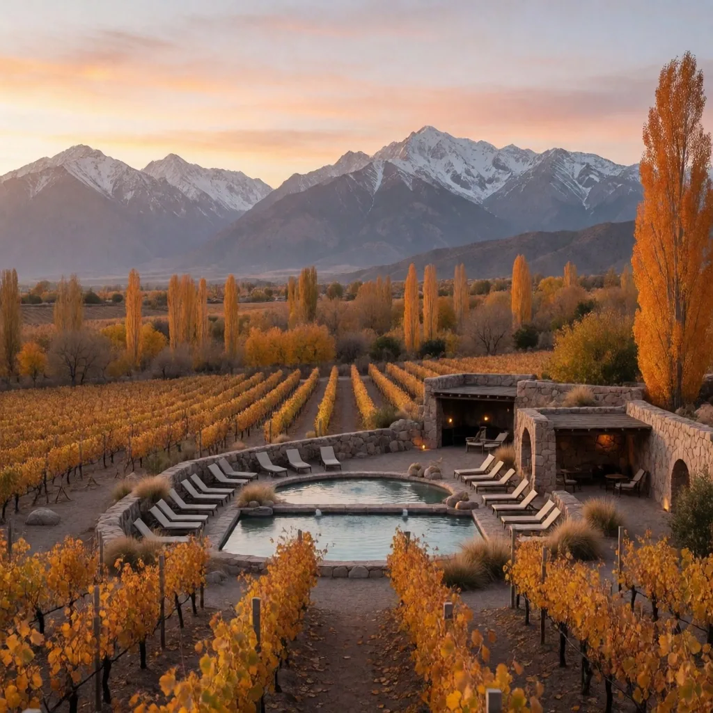 Paisaje de otoño en Mendoza con complejo termal y cordillera de fondo