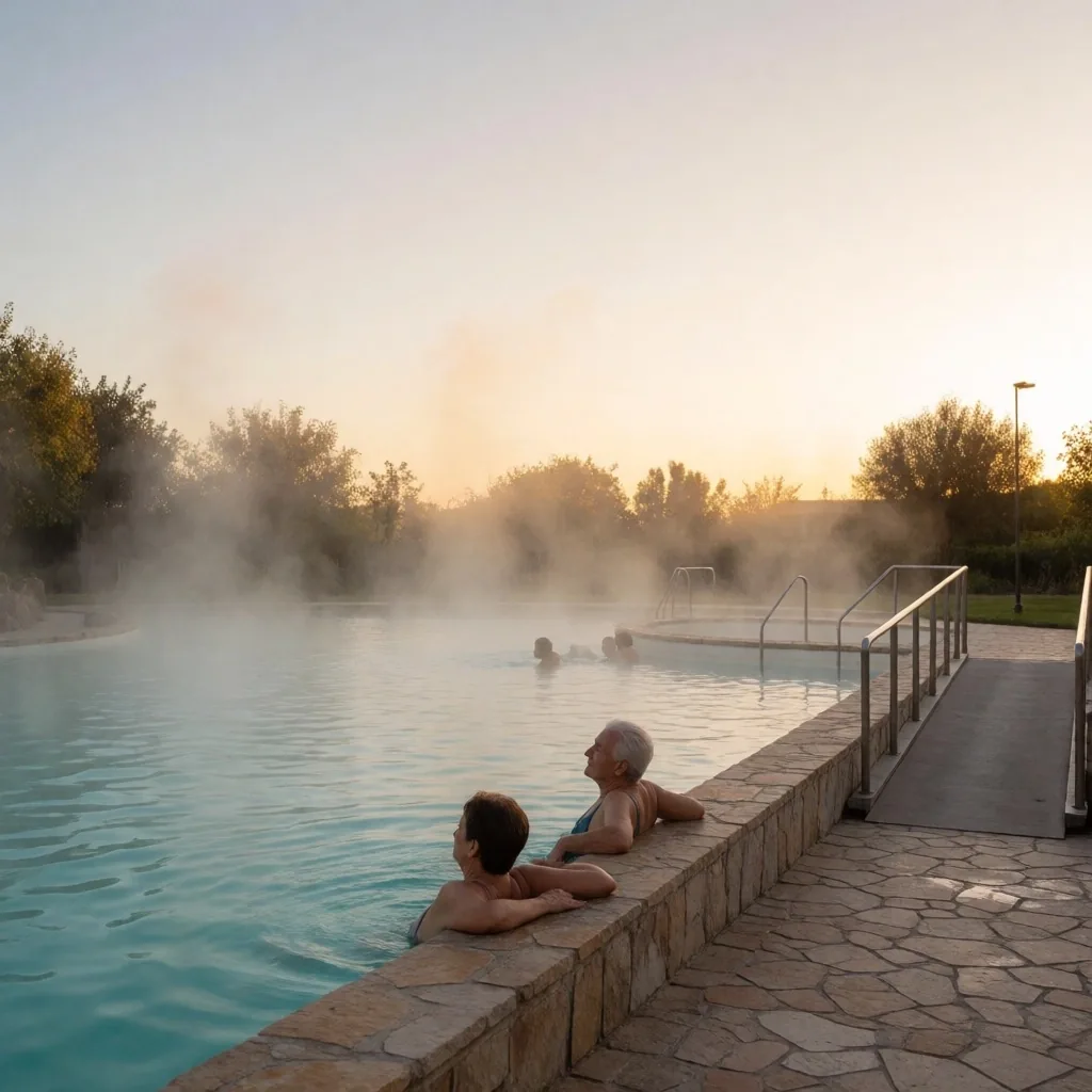 Piscina termal al atardecer con adultos mayores disfrutando del agua mineral
