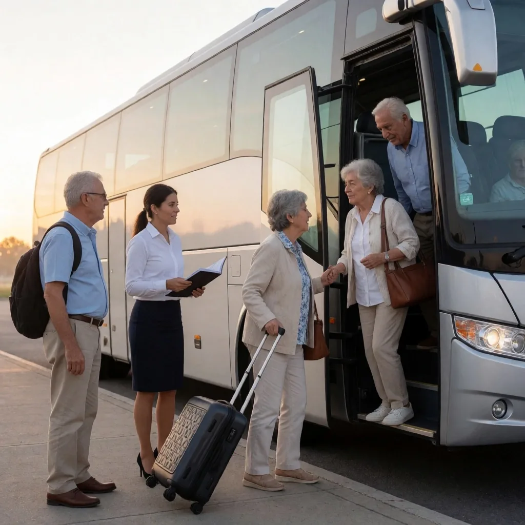 Grupo de jubilados subiendo a un ómnibus de charter con asistencia de un coordinador