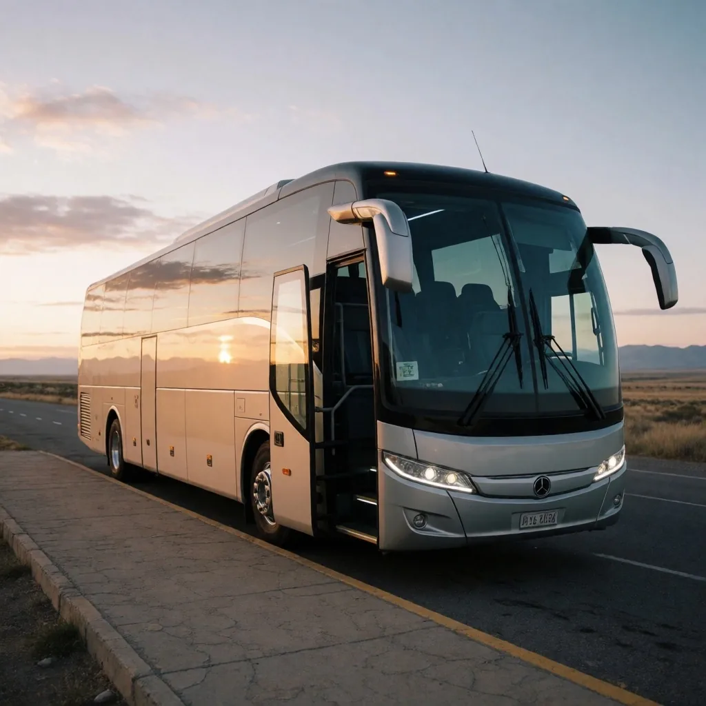 Ómnibus de larga distancia en una parada de ruta al atardecer