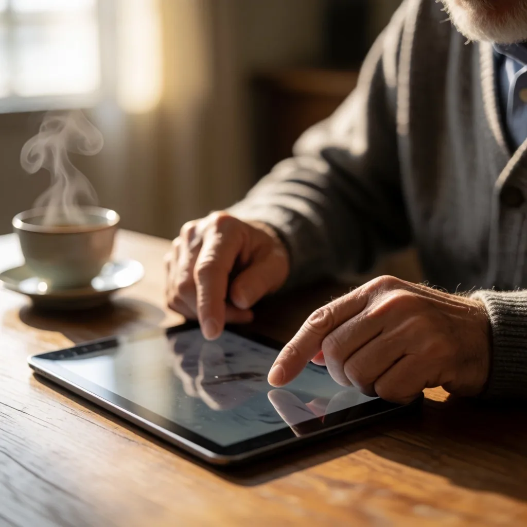 Manos de una persona mayor sobre una tablet