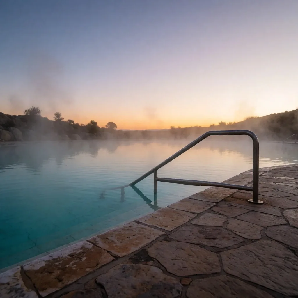 Piscina termal al atardecer en Mendoza
