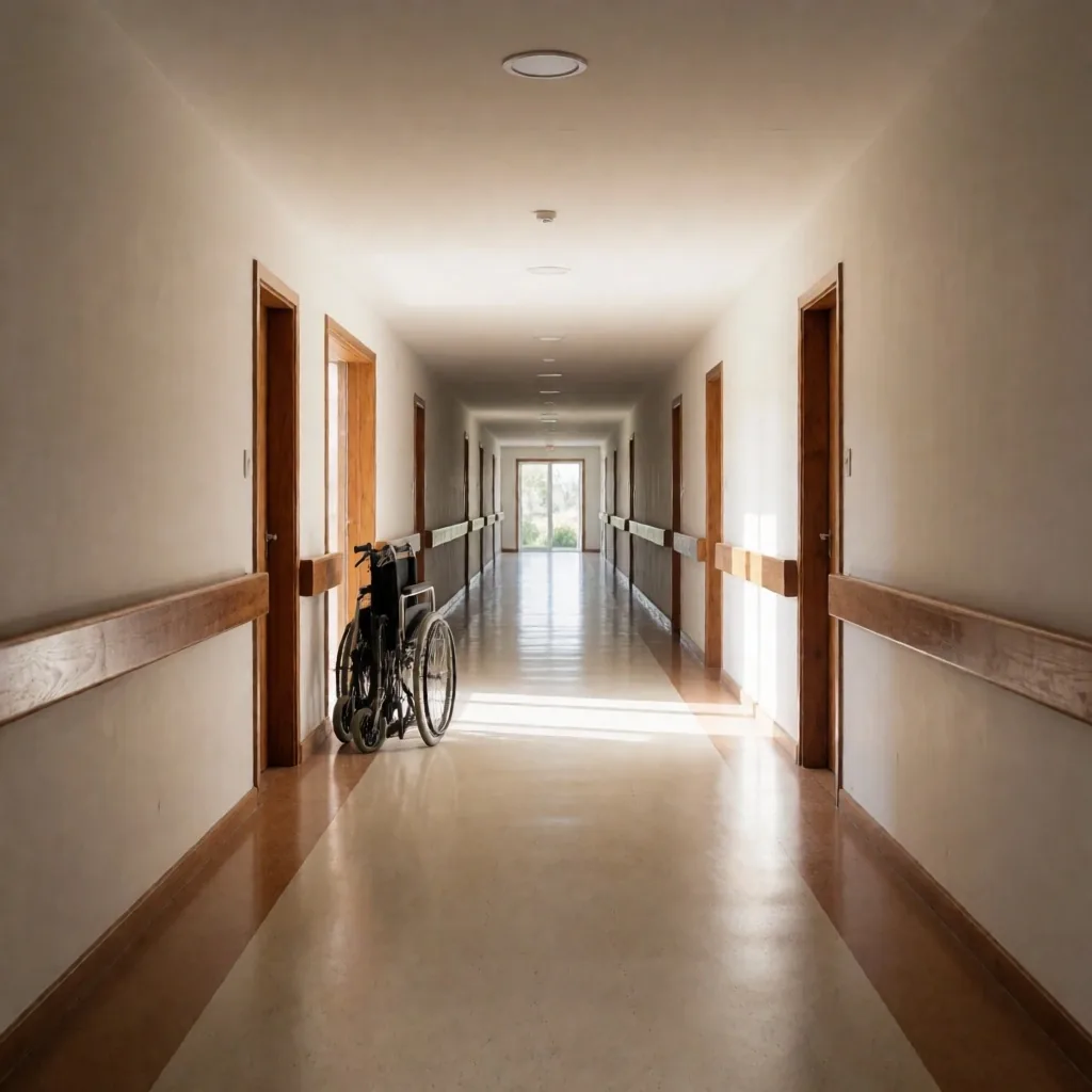 Pasillo accesible de hotel spa con barras de apoyo