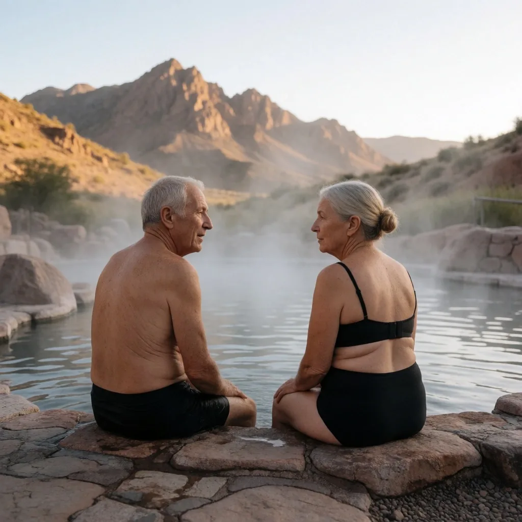 Piscina termal al atardecer en un complejo de Mendoza