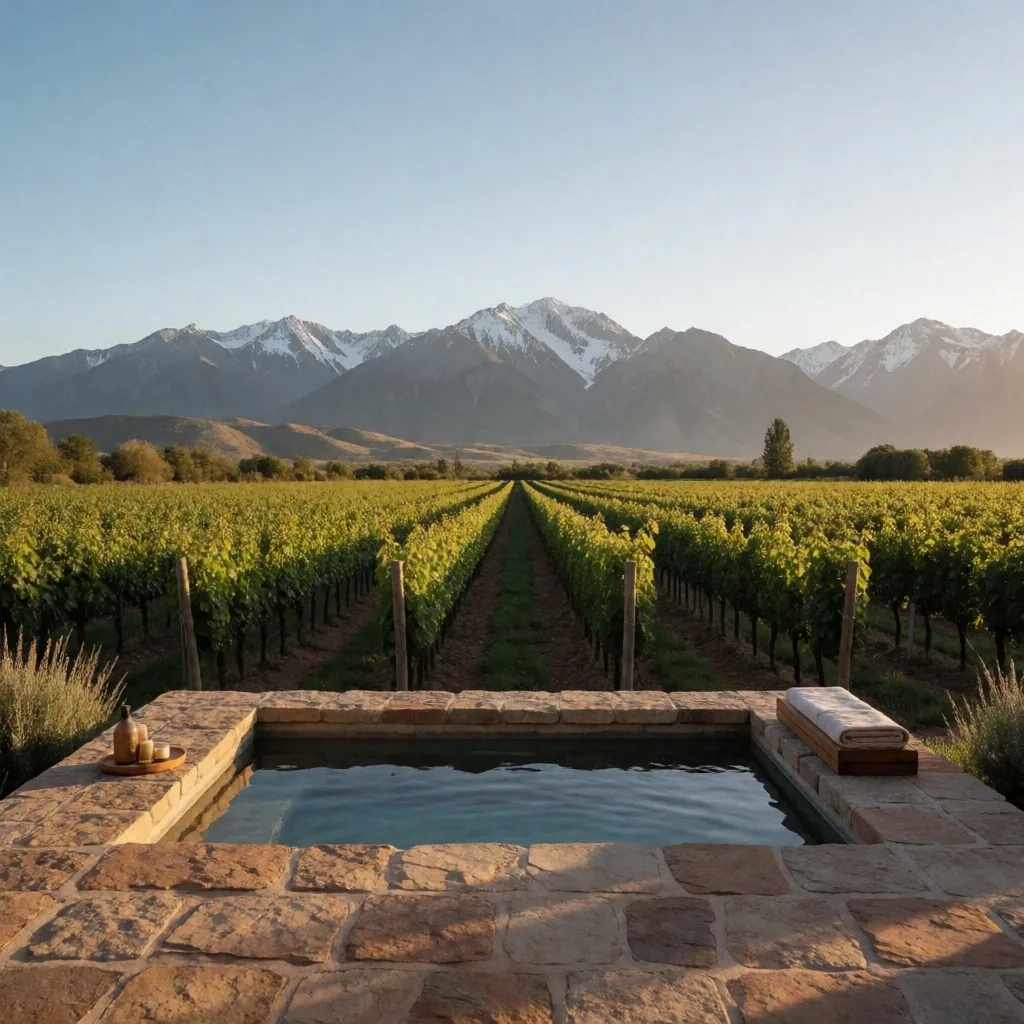 Centro de bienestar en el Valle de Uco, Mendoza, con viñedos y cordillera al fondo