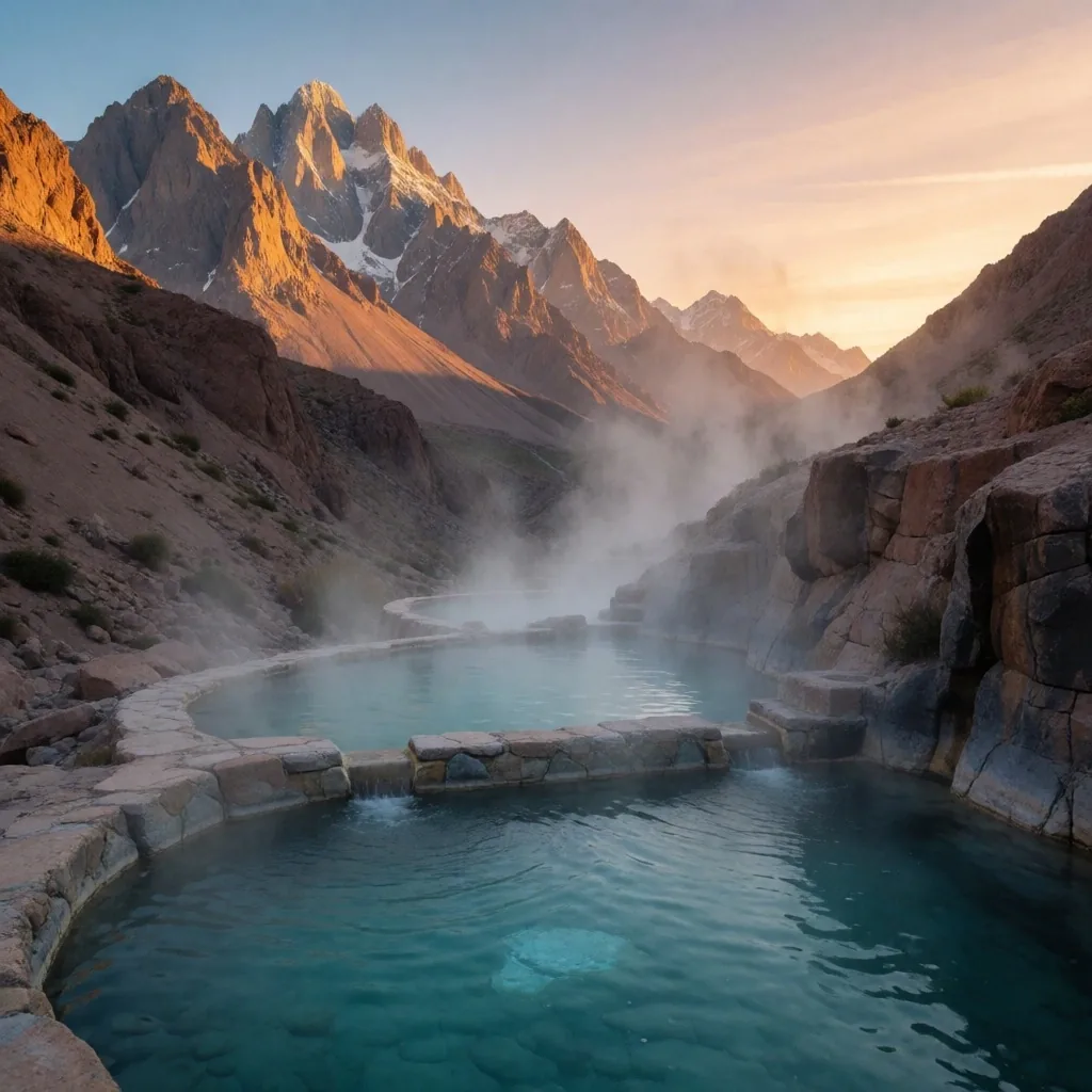 Piletas de aguas termales de piedra natural en Cacheuta, Mendoza, con la Cordillera de los Andes al fondo