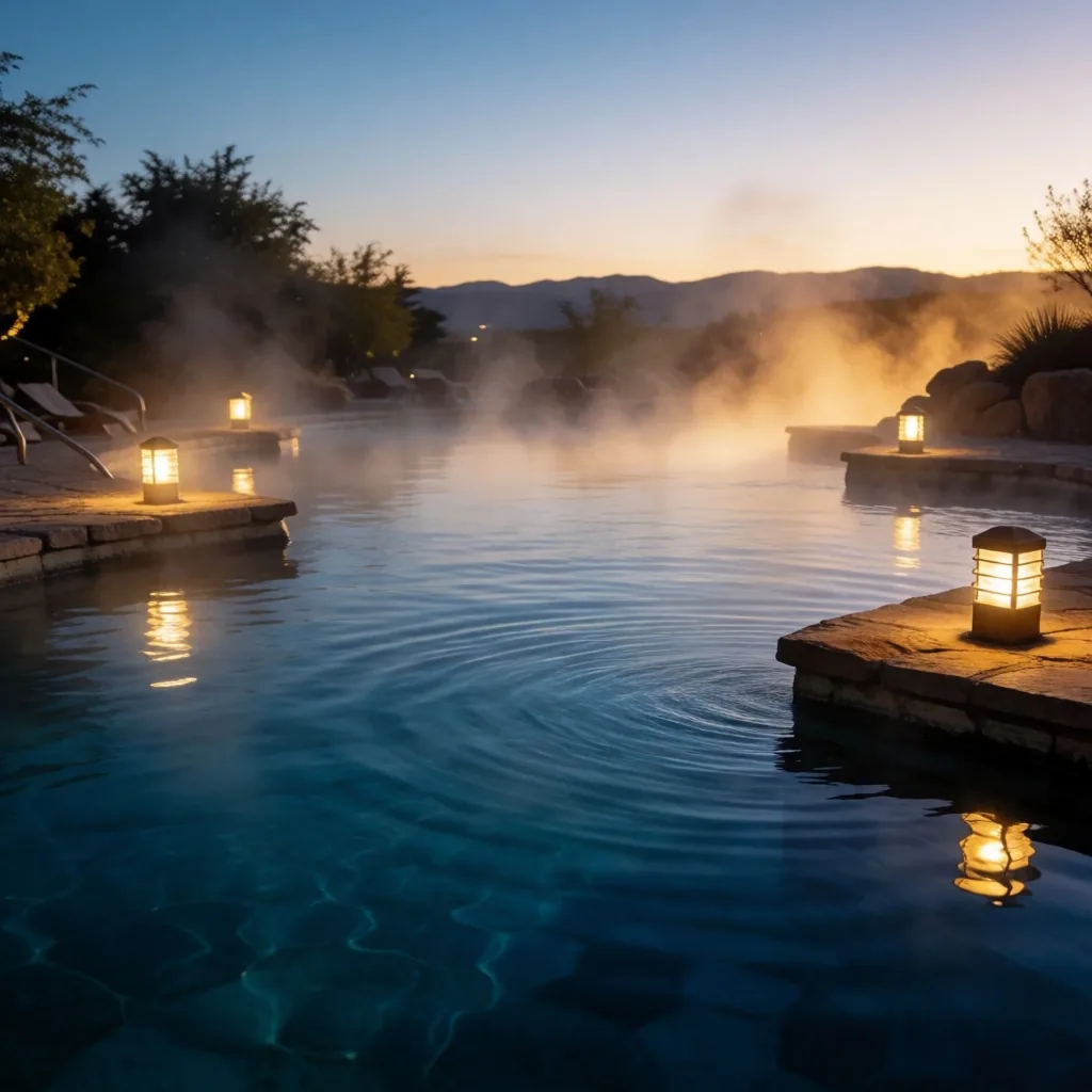 Piscinas termales al atardecer en un spa premium